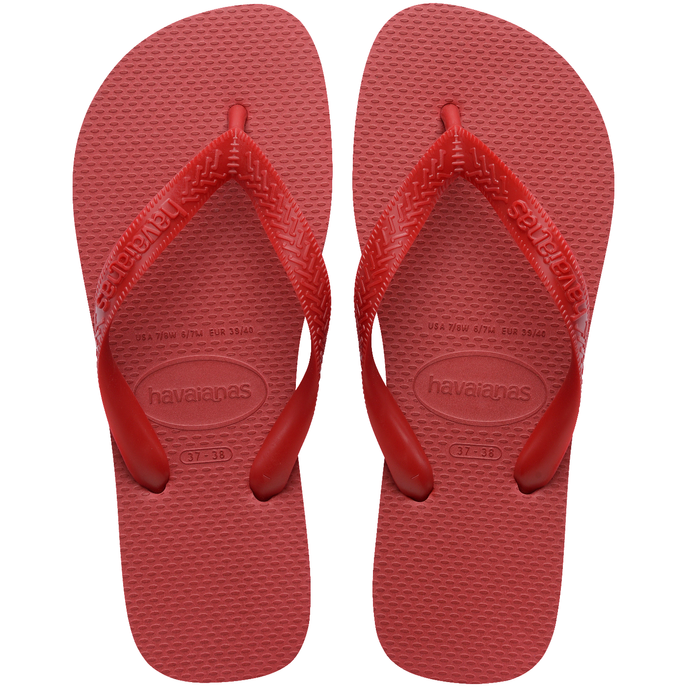 Par de chinelos Havaianas vermelhos, modelo tradicional de borracha, com solado texturizado e tiras vermelhas estampadas com a marca. Os chinelos estão posicionados lado a lado sobre fundo branco.