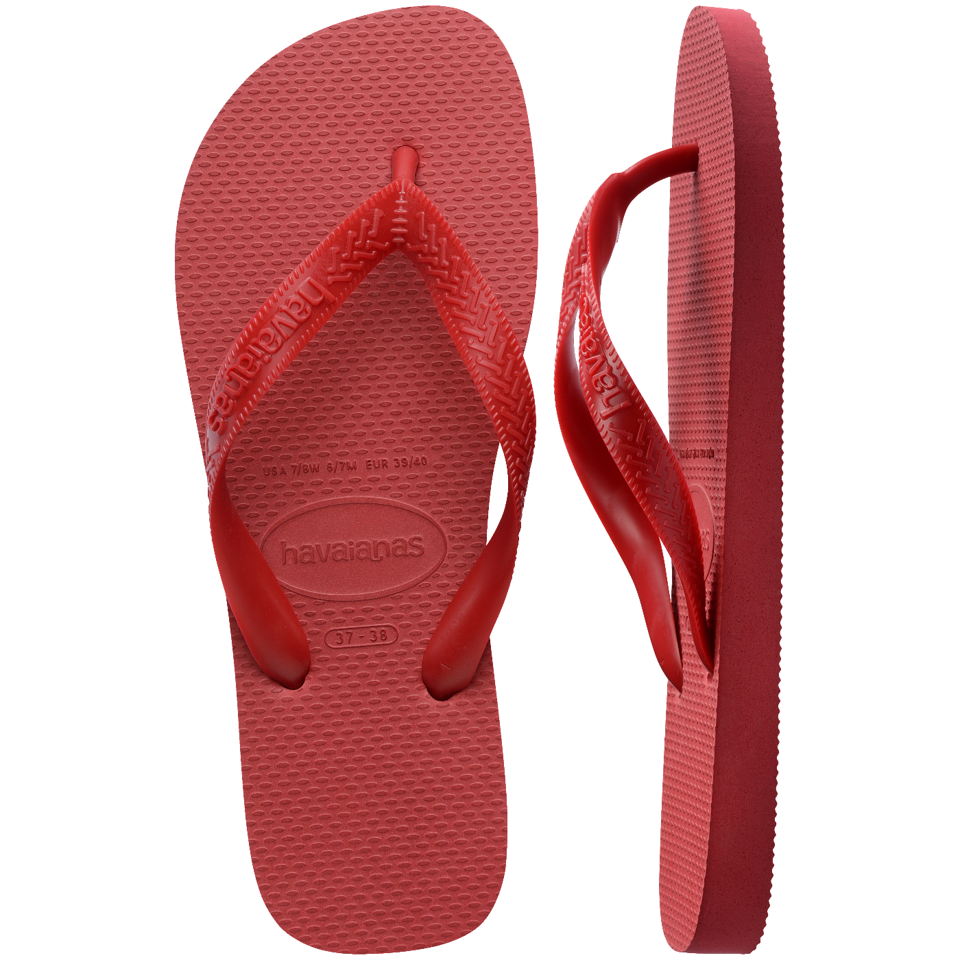 Chinelos Havaianas vermelhos posicionados lado a lado, sendo um visto de cima e outro de perfil, destacando solado texturizado e tiras vermelhas.