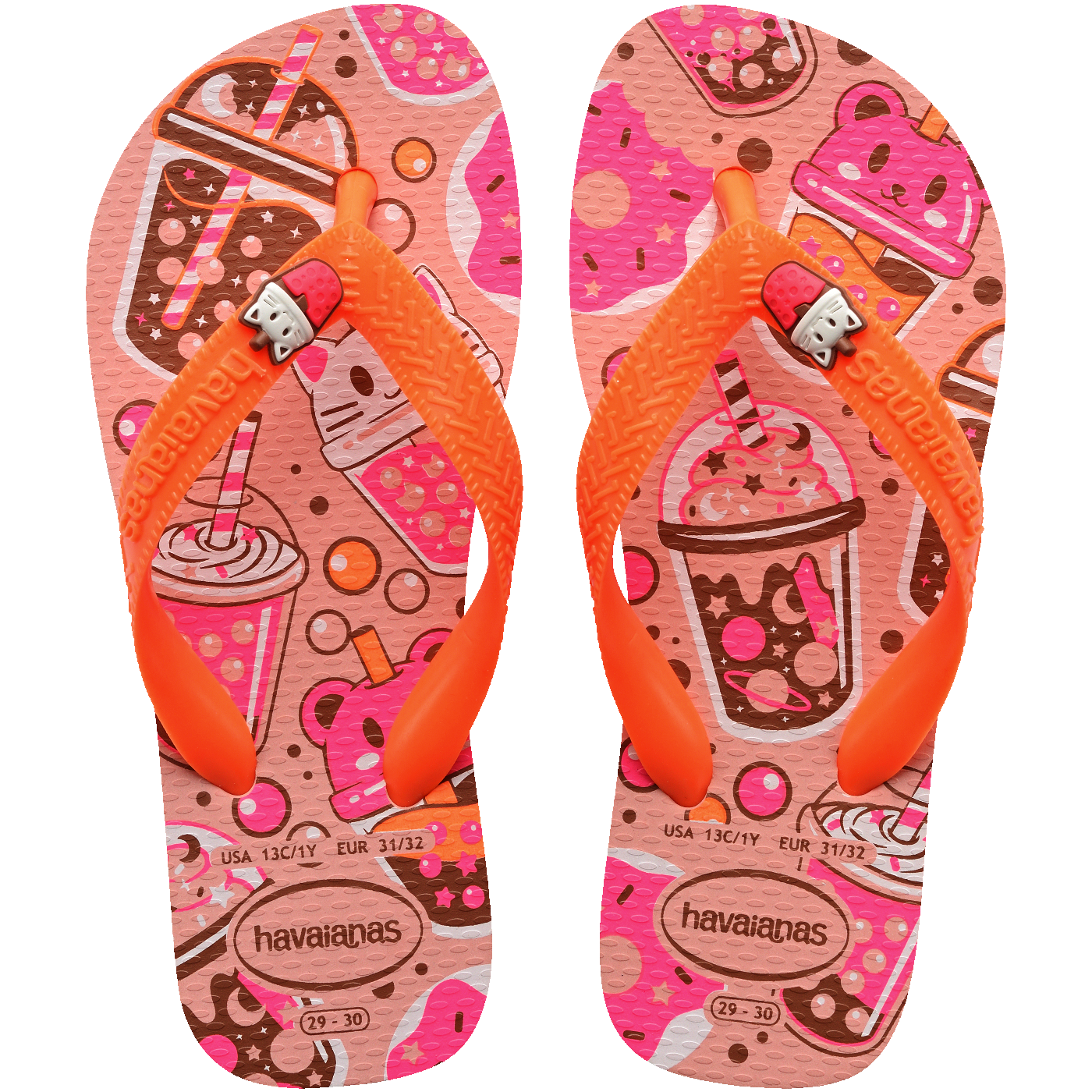 Chinelo infantil rosa com estampa de milk-shake e donut, tiras laranja e detalhe de gatinho