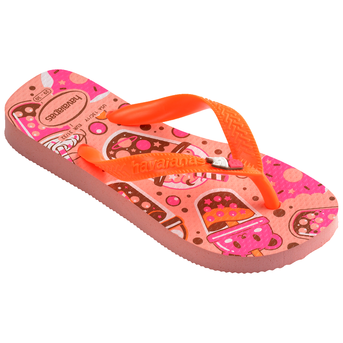 Chinelo infantil rosa com estampa de doces e tiras laranja, ideal para conforto e estilo.