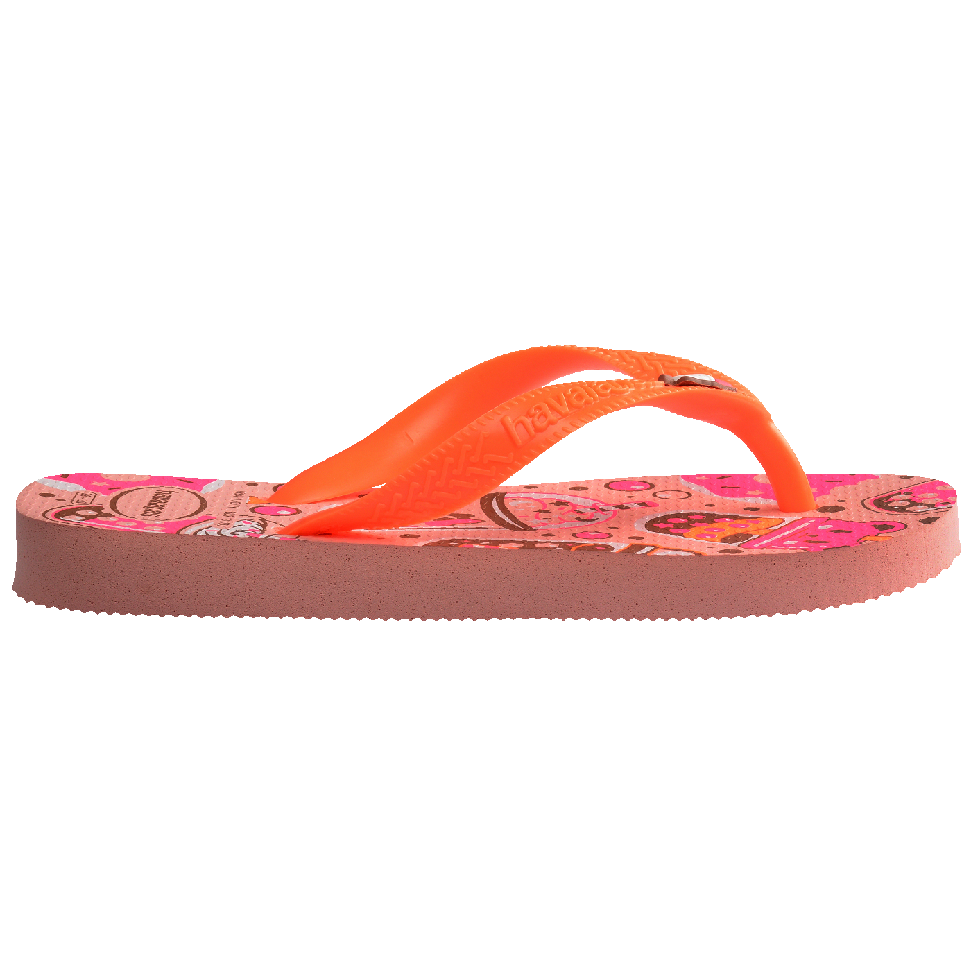 Chinelo infantil com estampa de doces e tiras laranja, confortável e estiloso para crianças.