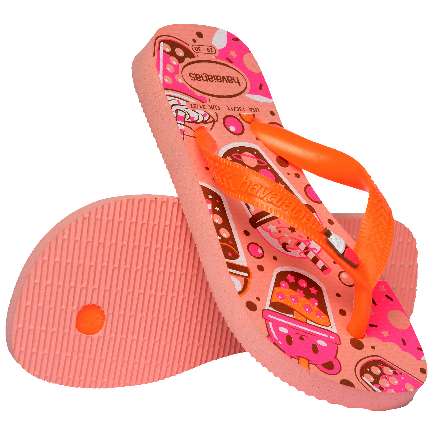Chinelo rosa com estampa de doces e tiras laranja, confortável e estiloso para crianças