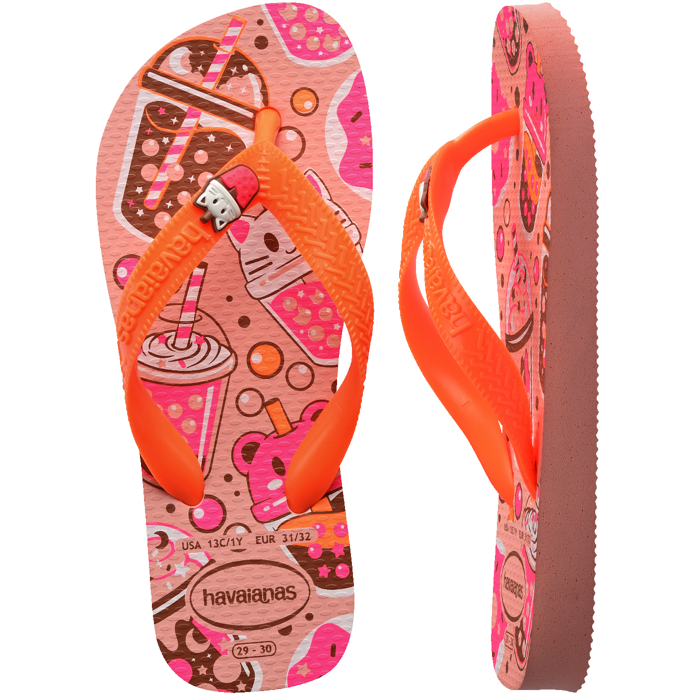 Chinelo infantil rosa com estampa de doces e tiras laranja, confortável e estiloso para crianças