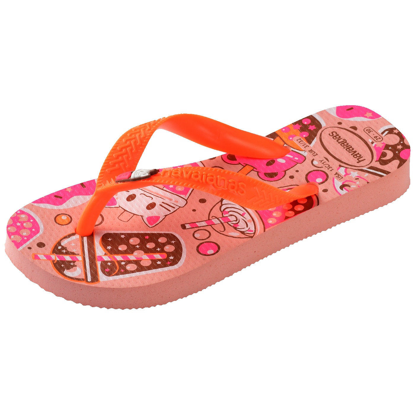 Chinelo infantil rosa com estampa de doces e tiras laranja, confortável e estiloso para crianças