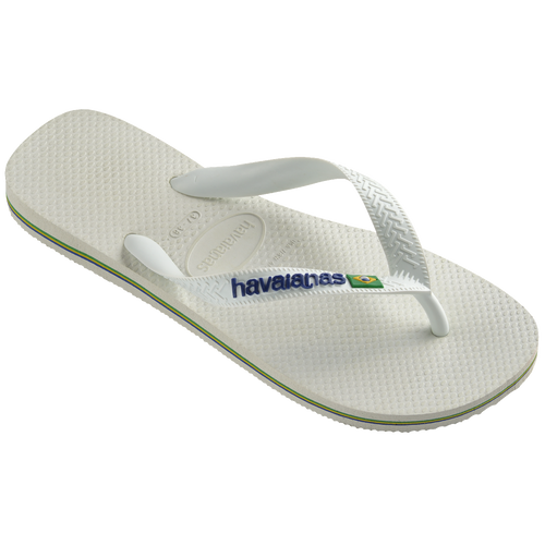 Chinelo branco Havaianas com logo e bandeira do Brasil, confortável e estiloso para o dia a dia.