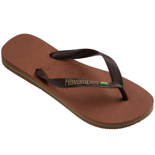 Chinelo Havaianas marrom com logo e bandeira do Brasil, confortável e estiloso para uso diário.