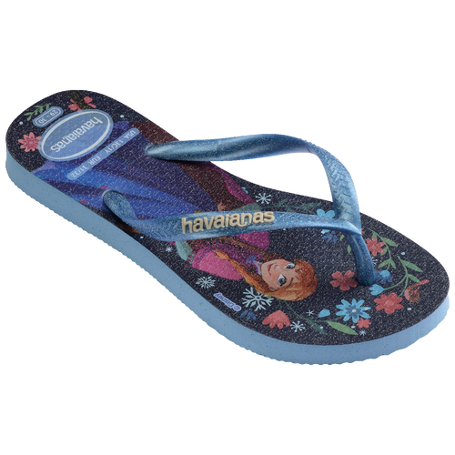 Chinelo infantil Havaianas com estampa da Anna, flores e flocos de neve, ideal para crianças
