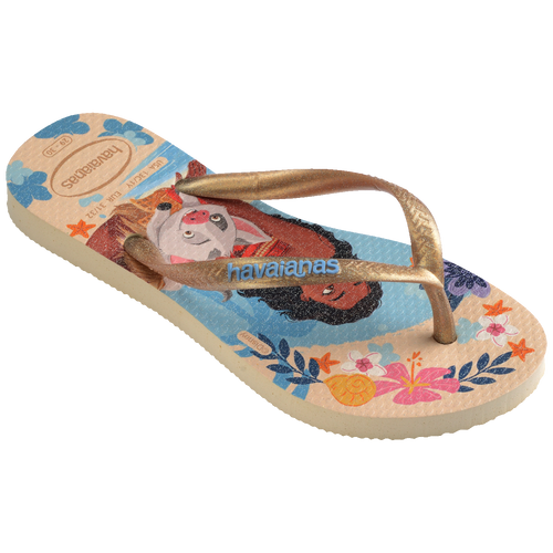 Chinelo infantil Havaianas com personagens da Moana, estampa floral e tiras douradas brilhantes