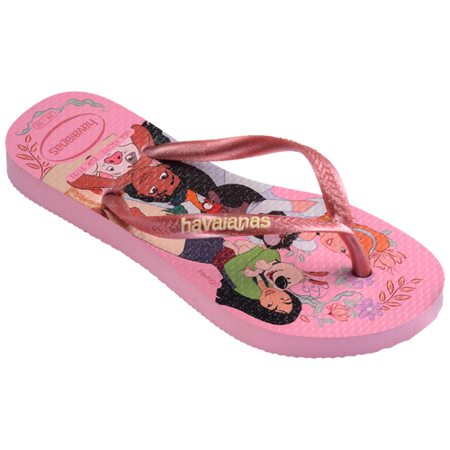 Chinelo rosa infantil com personagens Disney, solado confortável e tiras brilhantes