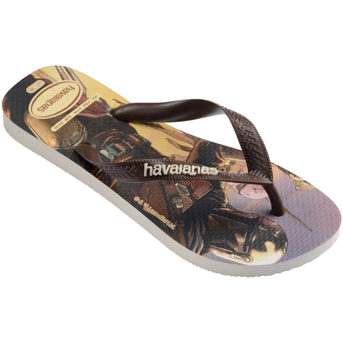 Chinelo Havaianas com estampa Star Wars, solado branco e tiras marrons, design exclusivo e confortável