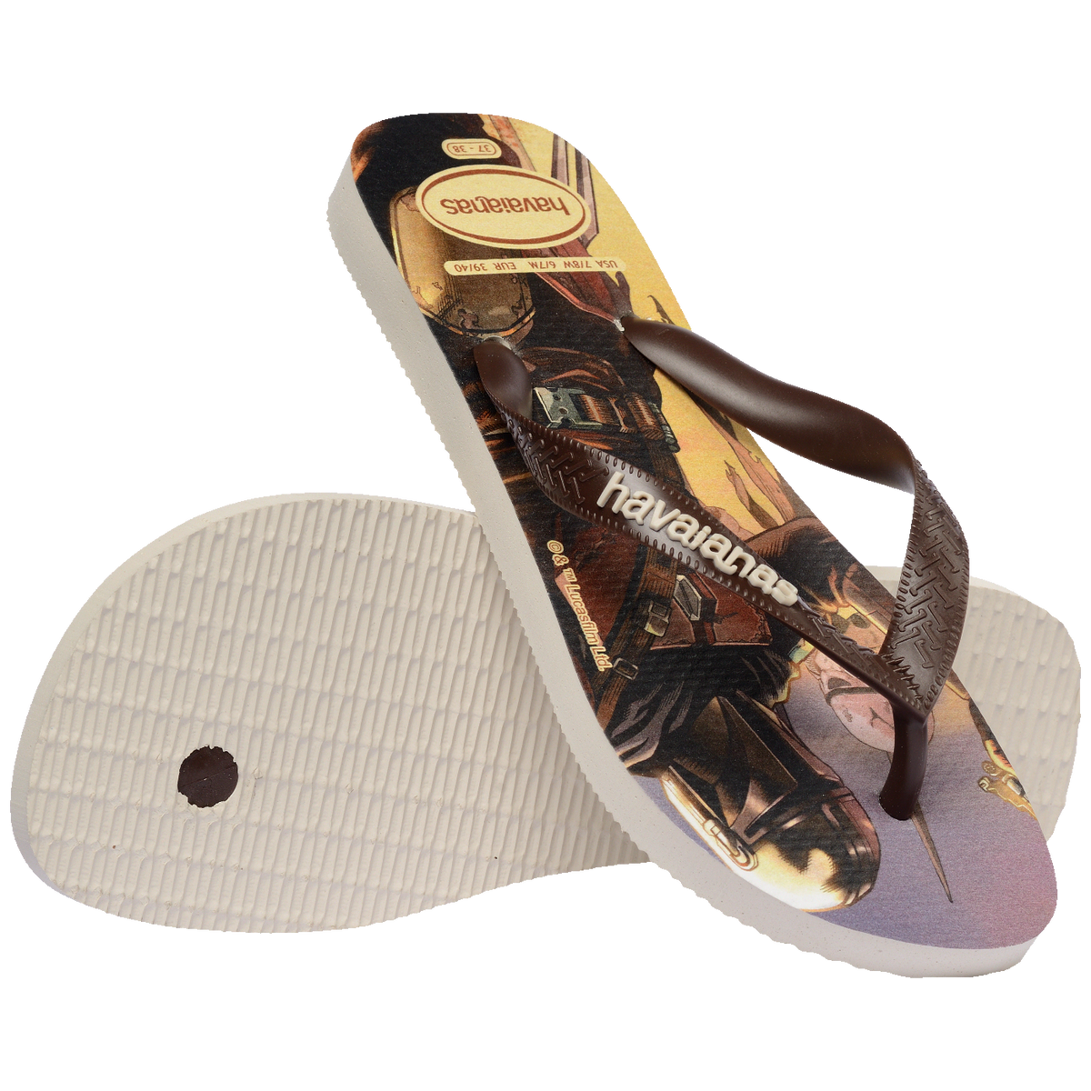 Chinelo Havaianas com estampa temática e detalhes em marrom, ideal para conforto e estilo.