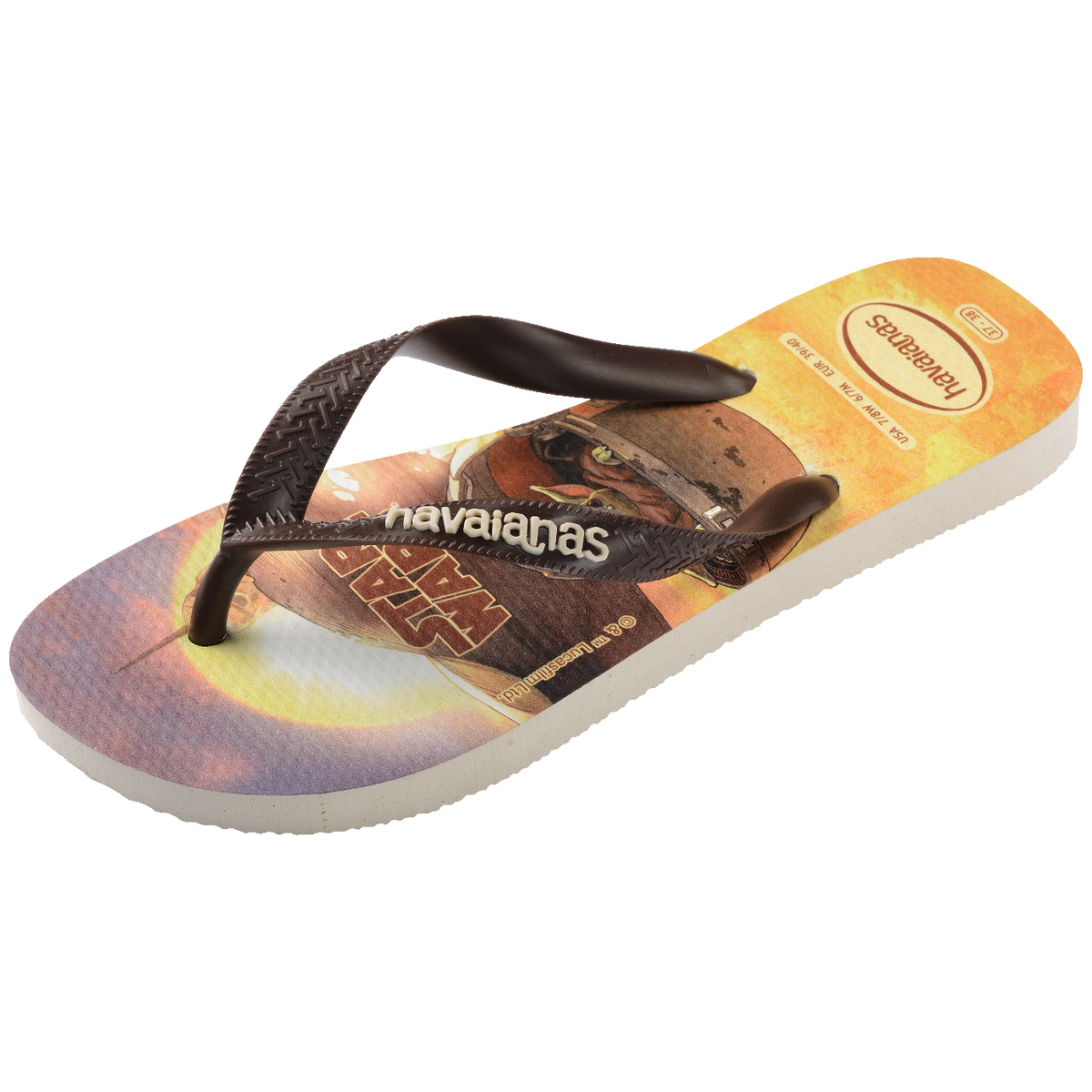Chinelo Havaianas Star Wars com estampa do Boba Fett e tiras marrons, design exclusivo e confortável.