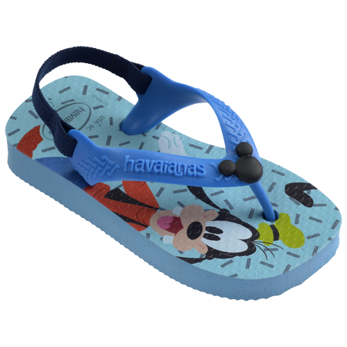 Chinelo infantil azul com personagens da Disney, solado estampado e tiras confortáveis