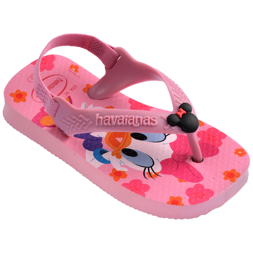 Chinelo infantil rosa com personagem Minnie Mouse, flores e logo Havaianas, ideal para crianças.