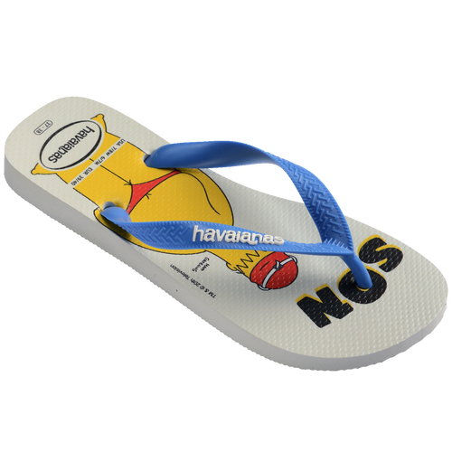 Chinelo Havaianas com estampa do Homer Simpson, solado branco e tiras azuis, conforto e estilo para o dia a dia.