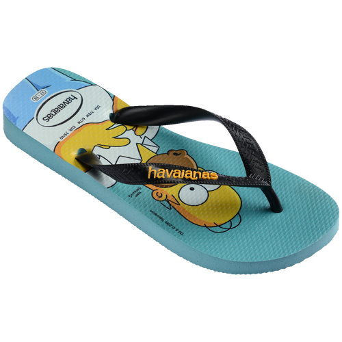 Chinelo Havaianas com estampa dos Simpsons, solado azul e tiras pretas, ideal para conforto e estilo.