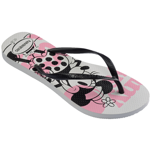 Chinelo Havaianas Minnie Mouse rosa e preto com estampa de bolinhas e flor