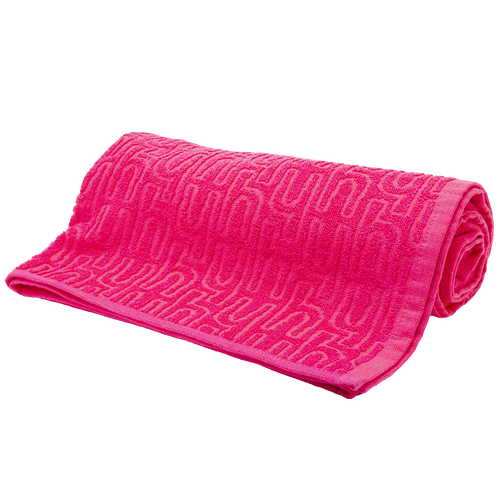Toalha rosa vibrante com padrão texturizado, ideal para praia e piscina