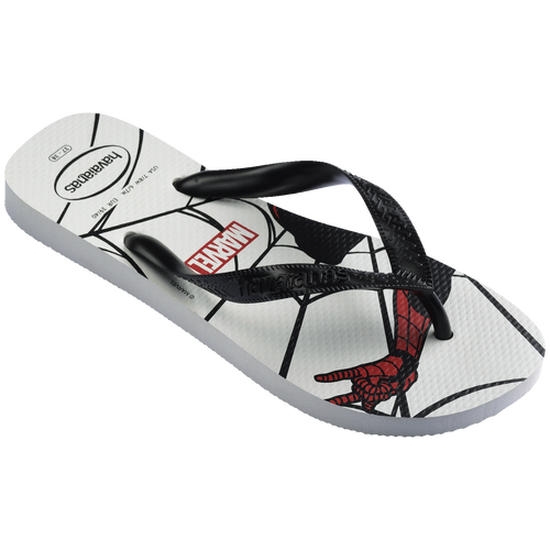 Chinelo branco com estampa do Homem-Aranha e logo Marvel, ideal para conforto e estilo.