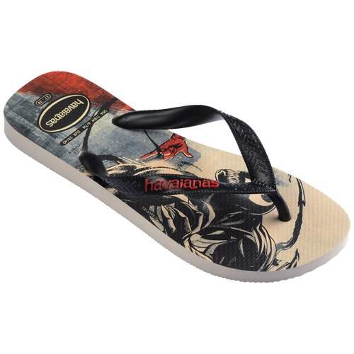 Chinelo Havaianas com estampa de personagem Marvel, solado branco e tiras pretas, design exclusivo e confortável.