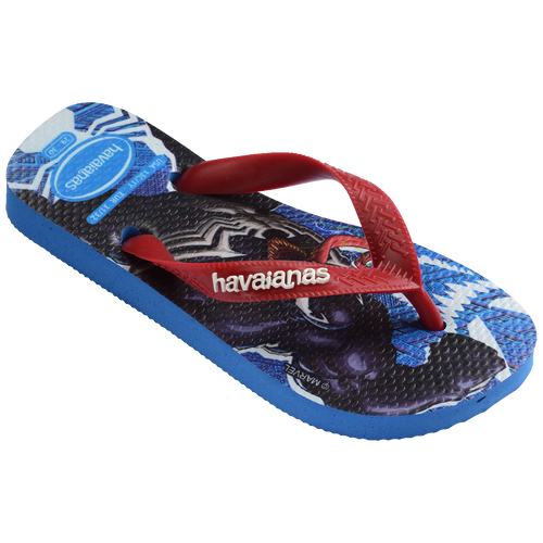 Chinelo Havaianas infantil com estampa Marvel, solado azul e tiras vermelhas, conforto e estilo para crianças.