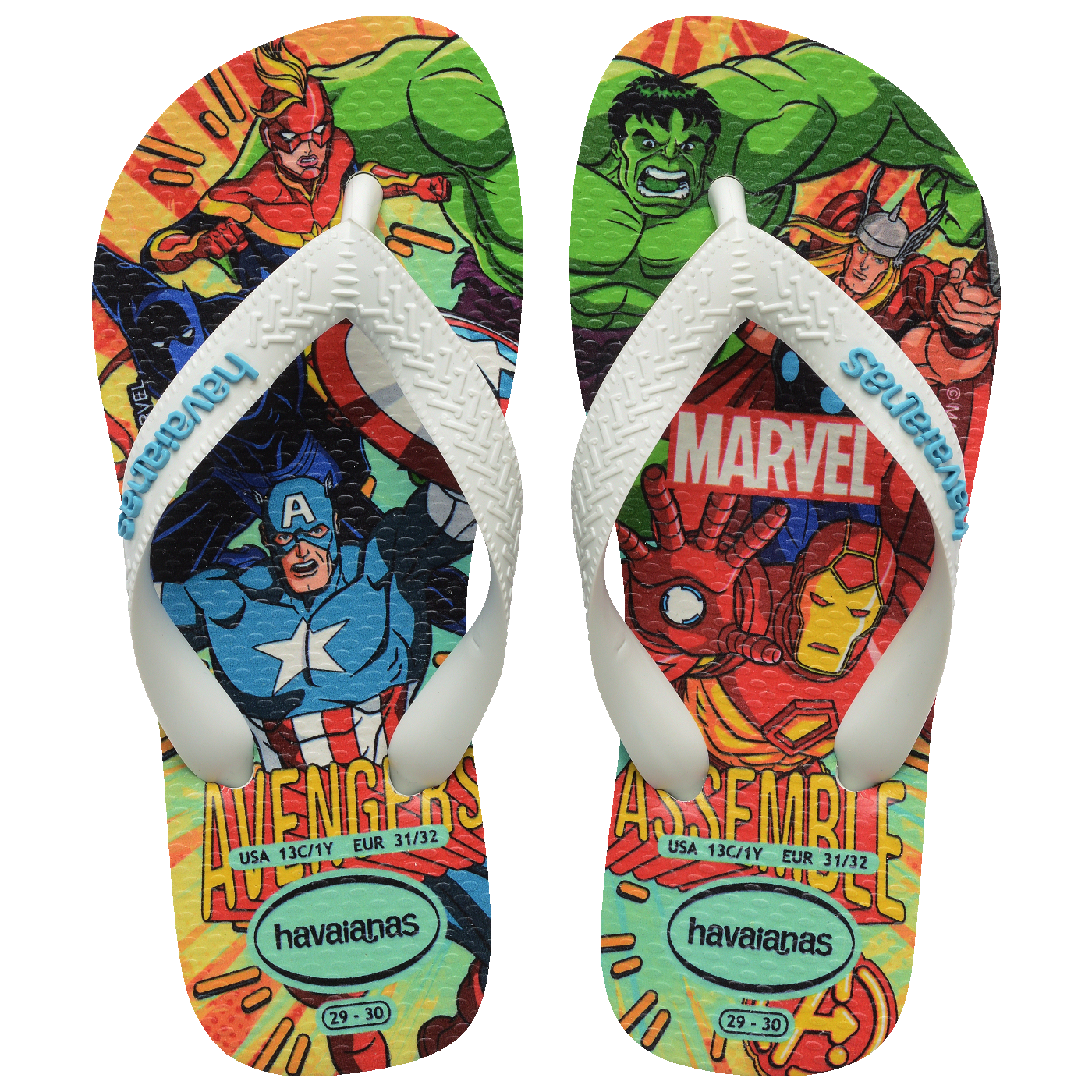 Chinelo infantil Havaianas Marvel Avengers com personagens coloridos e solado branco