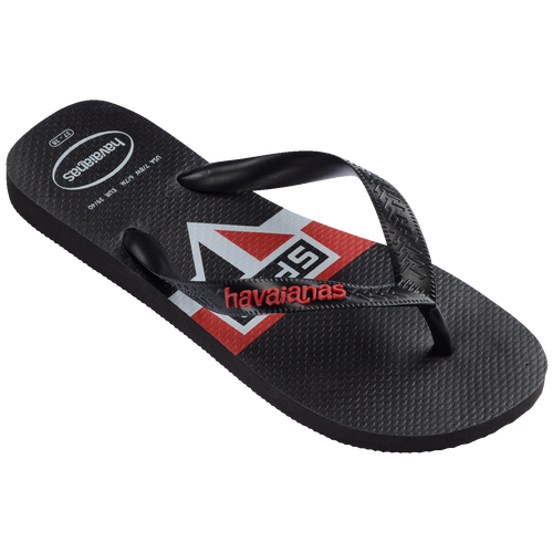 Chinelo preto Havaianas com detalhes em vermelho e branco, design esportivo e logo visível