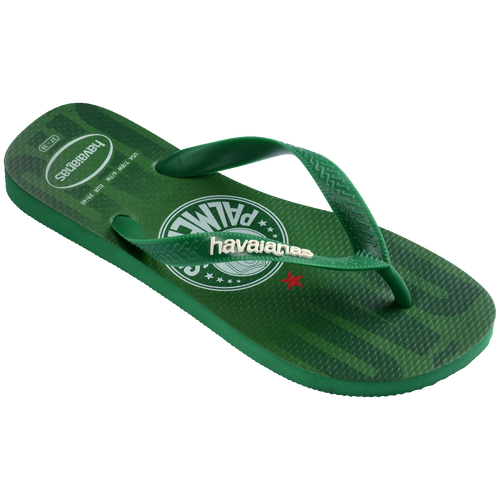 Chinelo verde Havaianas com logo Palmeiras e estrela vermelha, design esportivo e confortável