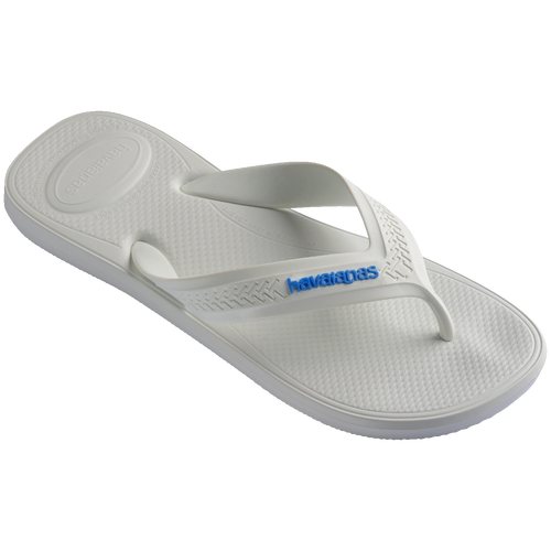 Chinelo branco Havaianas com logo azul, design confortável e sola texturizada para melhor aderência.