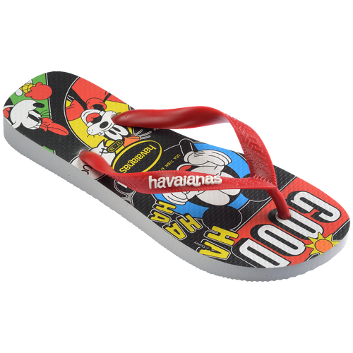Chinelo Havaianas com estampa Mickey Mouse, solado branco e tiras vermelhas, design colorido e divertido