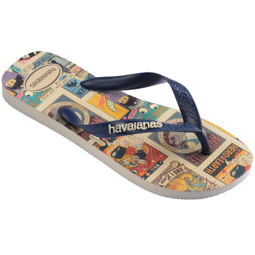 Chinelo Havaianas com estampa de quadrinhos coloridos e tiras azuis, ideal para verão e lazer.