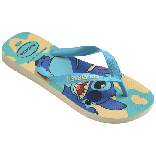 Chinelo Havaianas Stitch azul com estampa do personagem Disney, ideal para crianças e fãs do filme Lilo & Stitch.