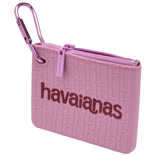 Bolsa pequena rosa com logo Havaianas e mosquetão, ideal para acessórios e passeios