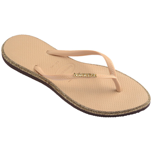 Chinelo Havaianas bege com detalhe dourado e brilho, conforto e estilo para o dia a dia.