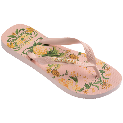 Chinelo rosa com estampa floral e folhas tropicais, design confortável e estilo brasileiro