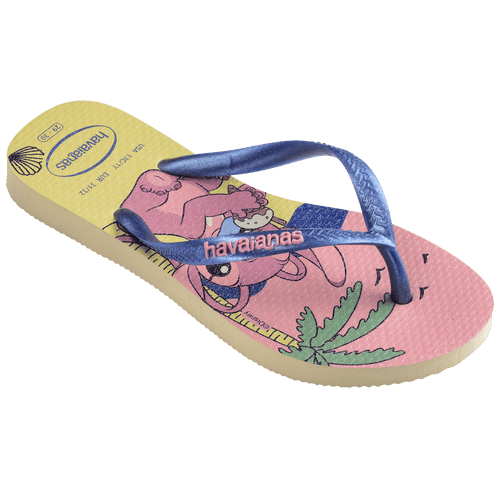 Chinelo Havaianas com estampa de personagem Disney, sola rosa e amarela, tiras azuis brilhantes